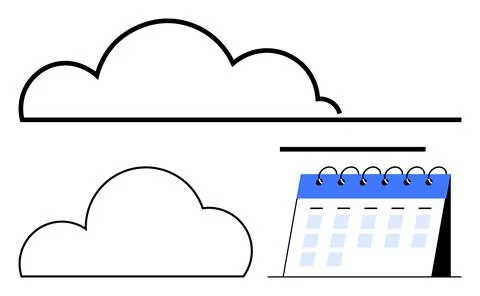 Two black and white cloud icons with a blue desk calendar. Ideal for themes i 스톡 일러스트