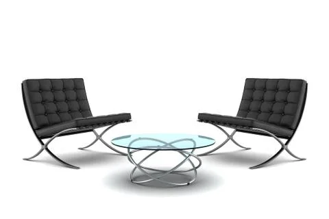 Two black armchairs with table isolated on white background Illustrazione stock