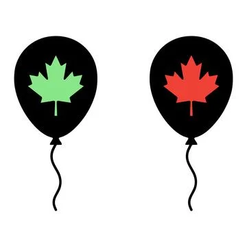 Two black balloons with strings, one featuring a light green maple leaf and.. Stock Illustration