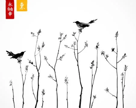 Two black birds on trees branches on white background. Contains hieroglyphs - Illustrazione stock