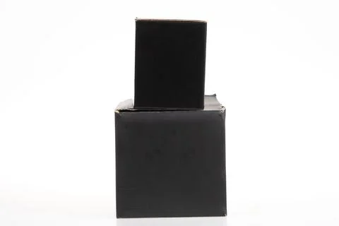 Two black box pyramid square cardboard empty mockup on white background Foto stock