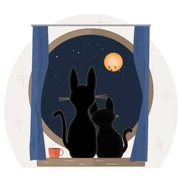 Two black cats sitting on windowsill and watching through round window Ilustración de archivo