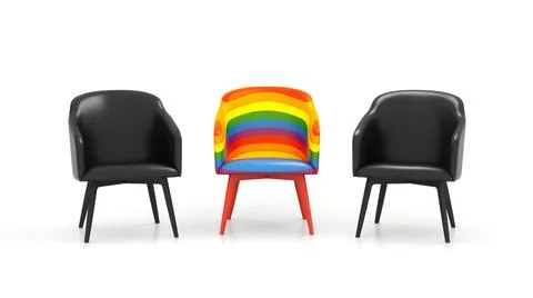 Two Black Chairs and One Realistic Empty Сhair with LGBTQ Rainbow Flag. Stock Illustration