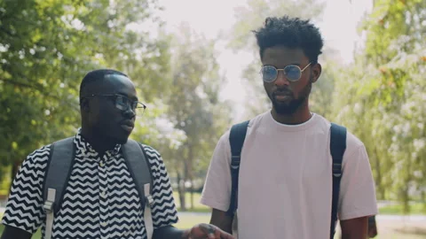 Two Black College Students Chatting and Walking in Park Stock Footage 159125282
