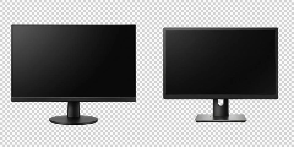 Two black computer monitors presented on transparent background, ideal for .. Stock Photos