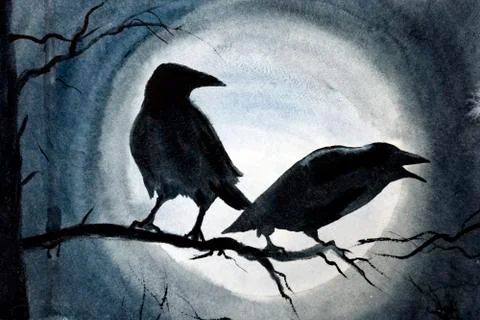 Two black crows on a branch Stock Illustration