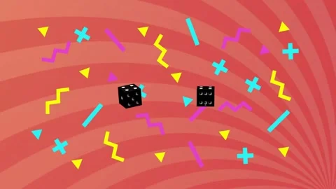 Two black dice appearing upper-center, spinning inward and settling, creating Stock Footage 340674860