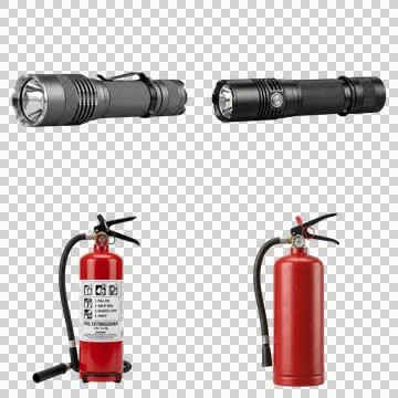 Two black flashlights and two red fire extinguishers on a transparent backg.. Stock Photos