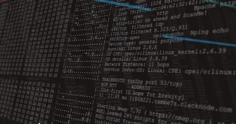 Two black frames resolving, terminal showing scan, camera panning right, blue Stock Footage 329869828