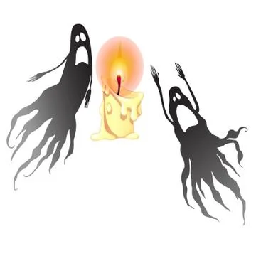 Two black ghosts and a burning candle isolated on white background. Vector Stock Illustration