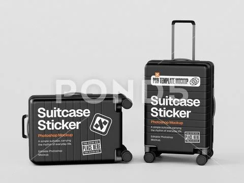 Two Black Hard-Shell Travel Suitcases Sticker Mockup on Gray Background PSD Template