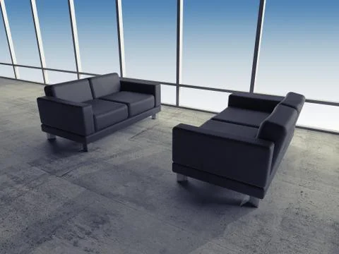 Two black leather sofas near window, 3d Illustrazione stock