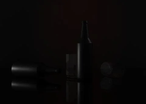 Two black matte bottles and two glass glasses on a black background.  Stock Illustration