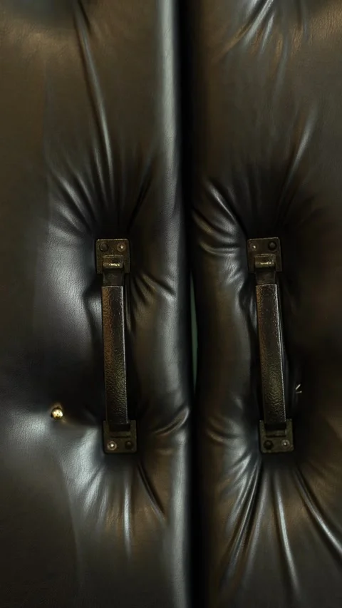 Two black metal handles on a tufted leather door panel Stock Footage 334872282
