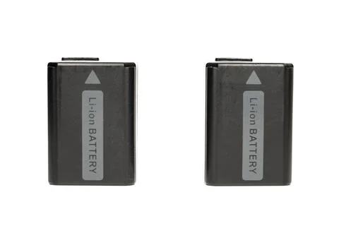 Two black plastic lithium ion batteries for sony photo camera with pure white Stock Photos