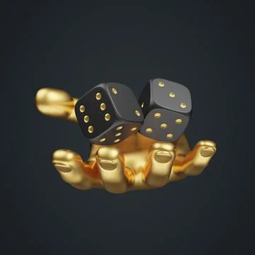 Two black rolling gambling dice with golden hand on a black background Stock Illustration