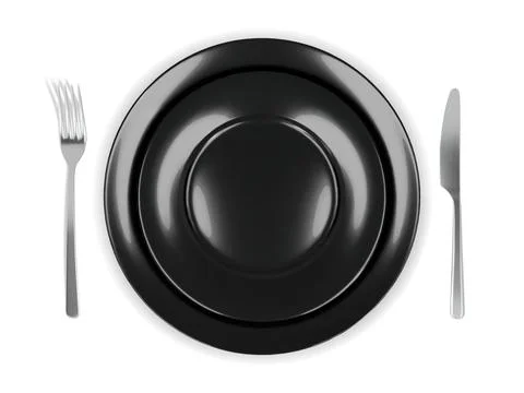 Two black round empty plates top view with fork and knife Stock Illustration