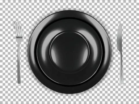 Two black round empty plates top view with fork and knife Stock Illustration