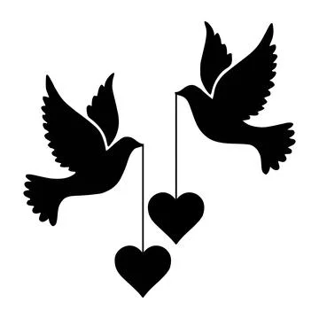 Two black silhouette doves flying with hearts suspended by strings 스톡 일러스트