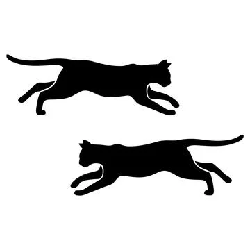 Two black silhouettes of running cats in motion, isolated on a white backgr.. Stock Illustration