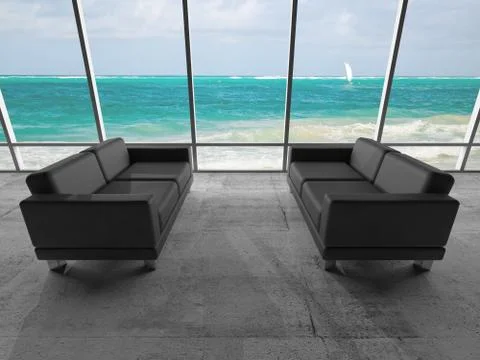Two black sofas, 3d with ocean coastal landscape Illustrazione stock