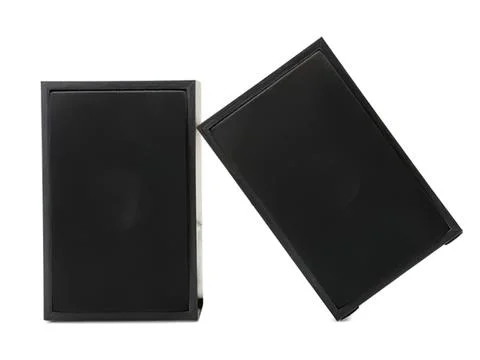 Two black speaker boxes with a simple modern design Stock Photos