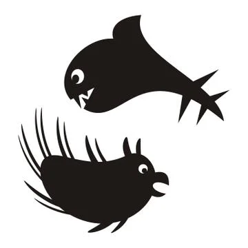 Two black vector silhouette funny fish monsters isolated Illustration
