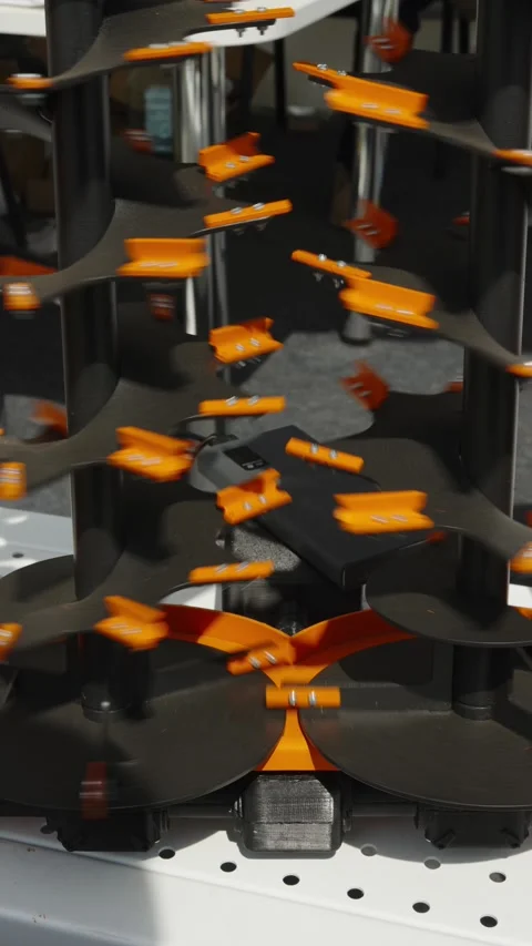 Two black vertical screw or auger conveyors with orange blades or flights Stock Footage 339913364