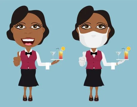 Two Black waitresses happy and confused with mask white gloves thumbs up cock Stock Illustration