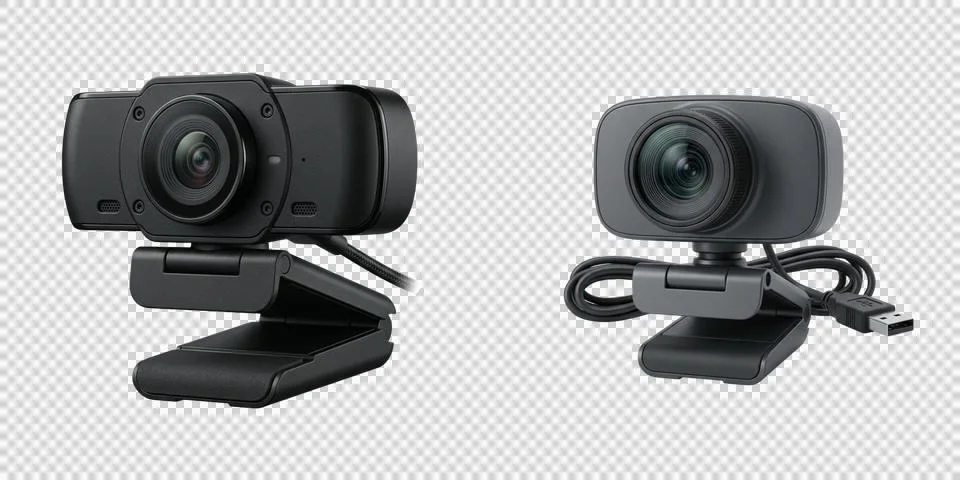 Two black webcams with USB cables, essential tools for virtual communicatio.. Stock Photos