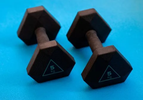 Two black weights 5 kg on the blue background Stock Photos