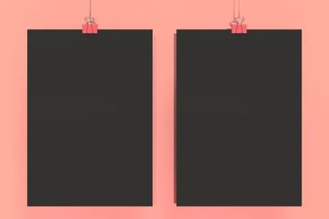 Two blank black posters with binder clip mockup on red background Stock Illustration