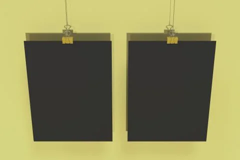 Two blank black posters with binder clip mockup on yellow background Stock Illustration