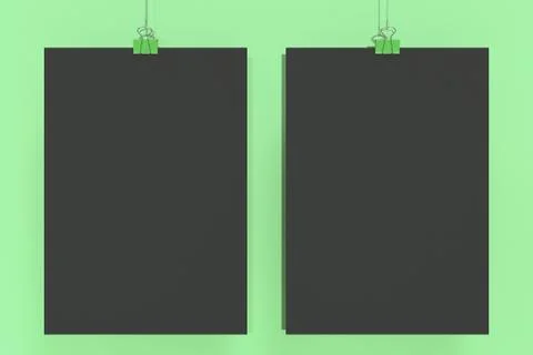 Two blank black posters with binder clip mockup on green background Stock Illustration