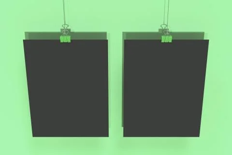 Two blank black posters with binder clip mockup on green background Stock Illustration