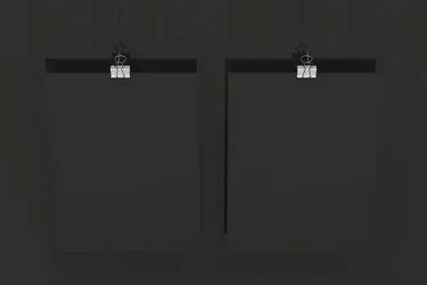 Two blank black posters with binder clip mockup on black background Stock Illustration
