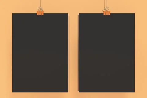 Two blank black posters with binder clip mockup on orange background Stock Illustration
