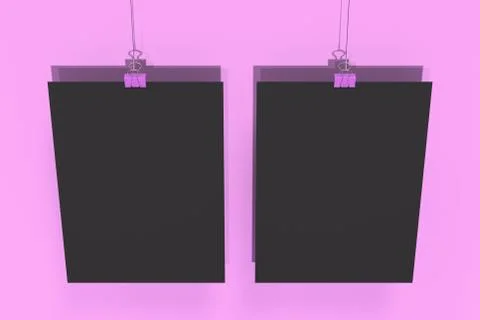 Two blank black posters with binder clip mockup on violet background Stock Illustration