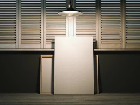 Two blank canvases in artist's workshop. 3d rendering Stock Illustration