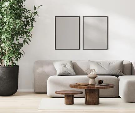 Two blank frames mock up in modern living room interior, minimalist style, 3d Illustrazione stock
