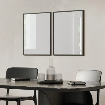 Two blank frames mockup in modern interior with black table set, 3d render Stock Illustration