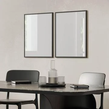 Two blank frames mockup in modern interior with black table set, 3d render... Stock Photos