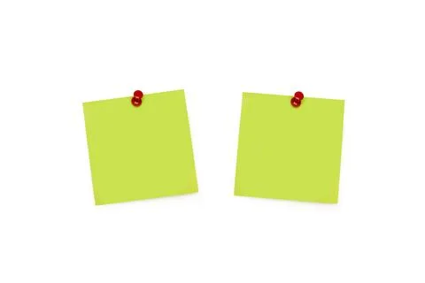 Two blank green paper notes held by red push pins on a white background Foto stock