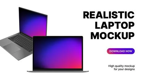 Two Blank Laptops Rotated and Front View. Realistic Device Mockups Stock Illustration