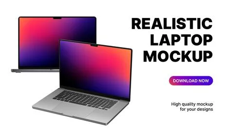 Two Blank Laptops Rotated and Front View. Realistic Device Mockups on White Stock Illustration