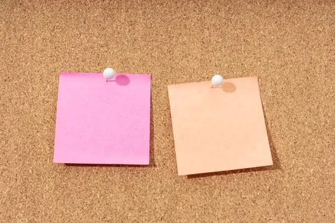 Two Blank note on a cork board for adding text and push pin. Mock up Stock Photos