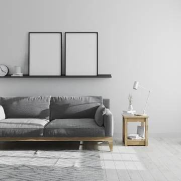 Two blank poster frame mock up on shelf in gray living room interior backgrou Stock Photos