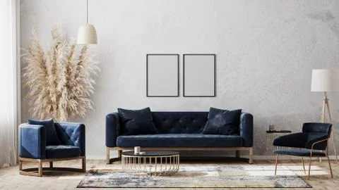 Two blank poster frames on gray wall mockup in modern luxury interior design  Illustrazione stock