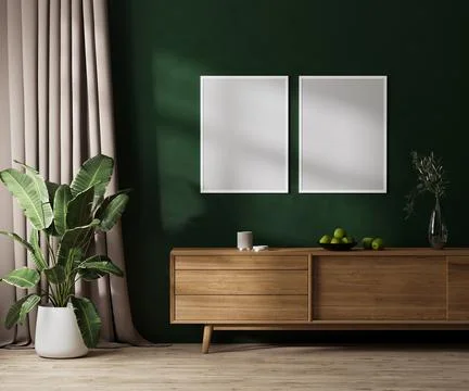 Two blank poster frames mock up on green wall with sunlight, modern room inte Illustrazione stock