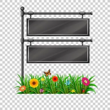 Two blank rectangular signage boards attached to a metal post surrounded by.. Stock Illustration